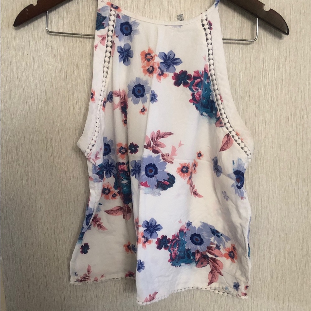 Mudd White Floral High-Neck Tank with Blue & Pink Flowers